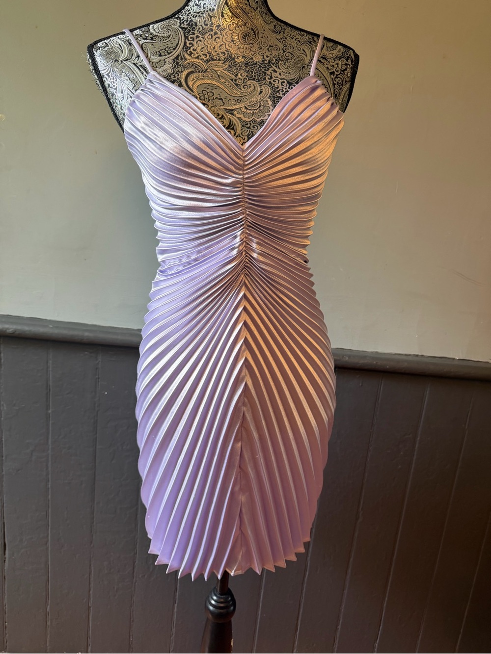 Ruched Pleated Spaghetti Strap Mini Dress in Lilac